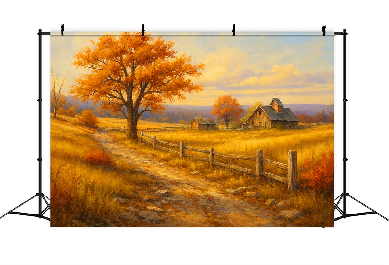 Bauernhof-Hintergrund Goldener Weg Blick auf den Bauernhof Frohes Thanksgiving-Hintergrundbild LXX510-35