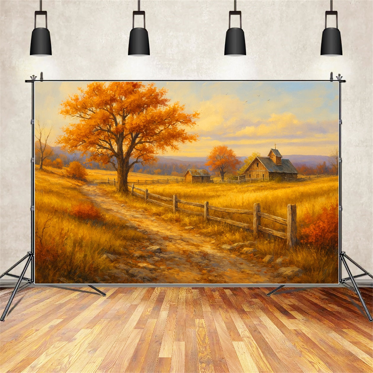 Bauernhof-Hintergrund Goldener Weg Blick auf den Bauernhof Frohes Thanksgiving-Hintergrundbild LXX510-35