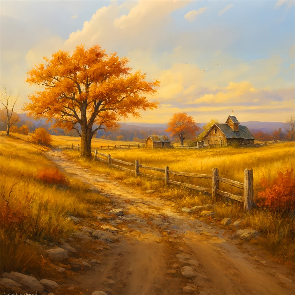 Bauernhof-Hintergrund Goldener Weg Blick auf den Bauernhof Frohes Thanksgiving-Hintergrundbild LXX510-35