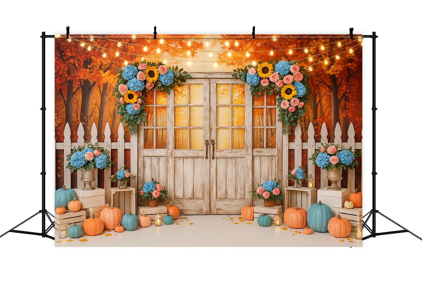 Herbst-Hintergrund Rustikale Tür Blumige Lichter Thanksgiving-Fotohintergrund LXX510-37