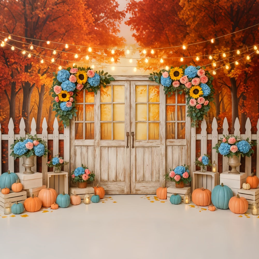 Herbst-Hintergrund Rustikale T¨¹r Blumige Lichter Thanksgiving-Fotohintergrund LXX510-37