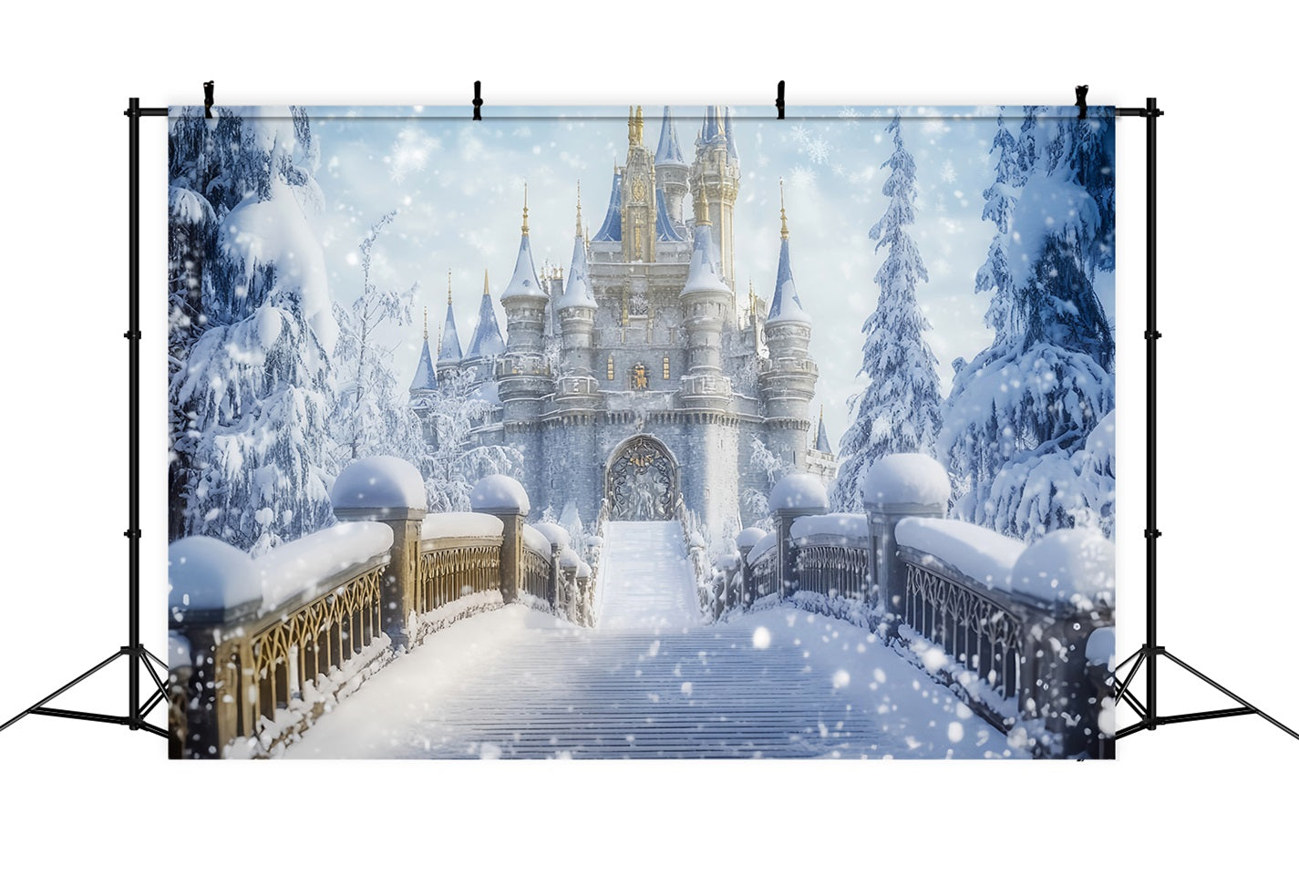 Wunderland-Hintergrund Verschneite Burg Brücke Fantasie Winter-Fotografie-Hintergründe LXX510-64