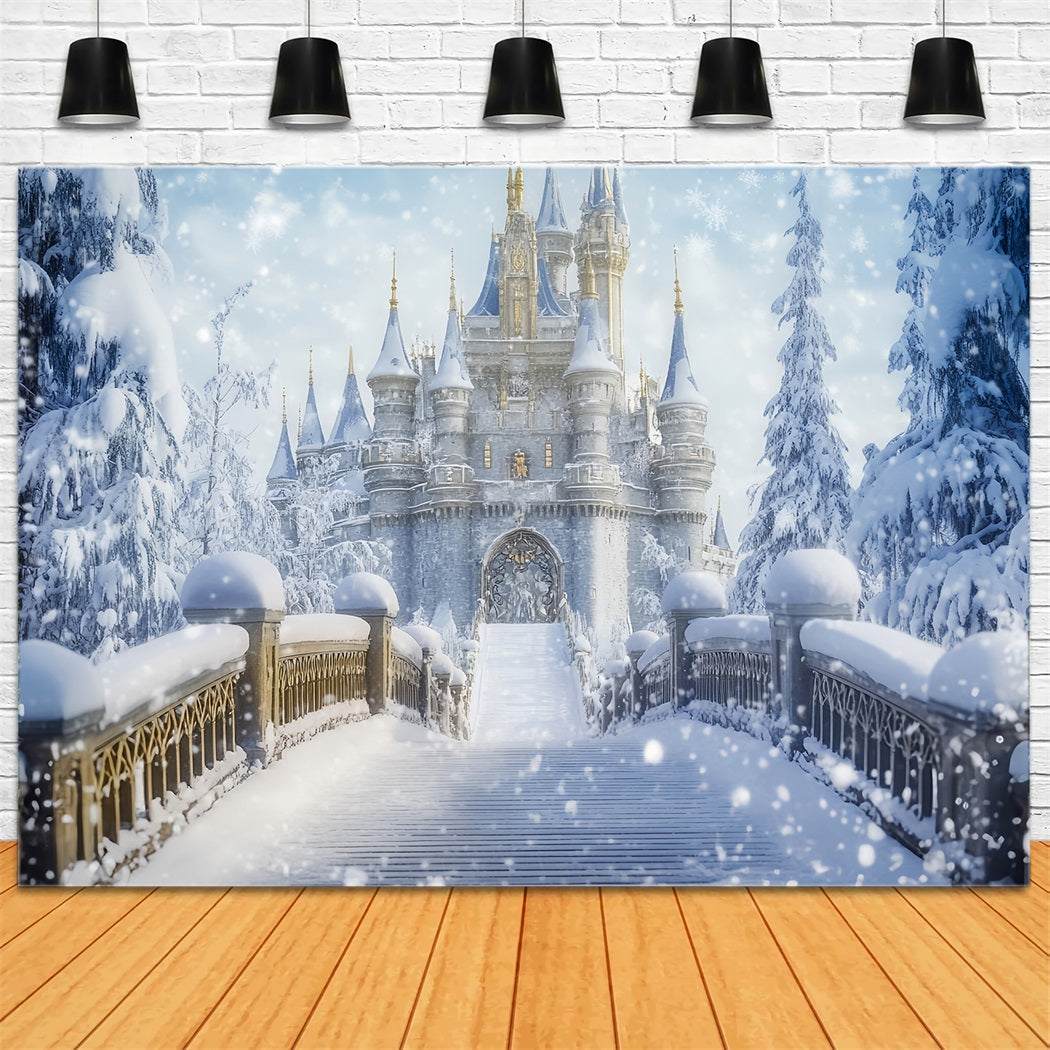 Wunderland-Hintergrund Verschneite Burg Brücke Fantasie Winter-Fotografie-Hintergründe LXX510-64