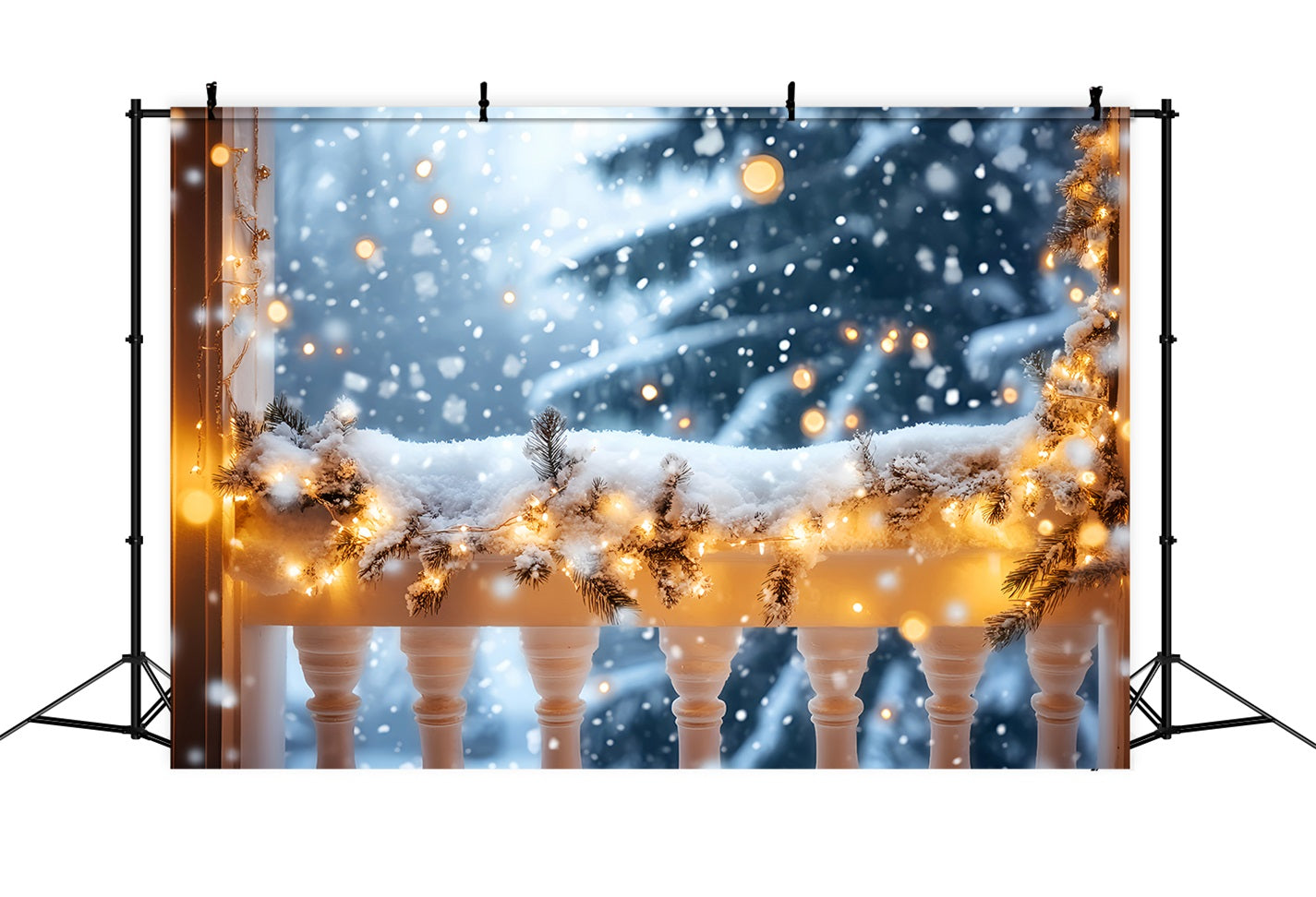 Winter-Schnee-Hintergrund Verschneiter Balkon Goldene Lichter Winter-Hintergründe LXX510-73