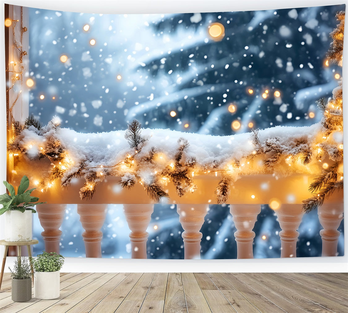 Winter-Schnee-Hintergrund Verschneiter Balkon Goldene Lichter Winter-Hintergründe LXX510-73