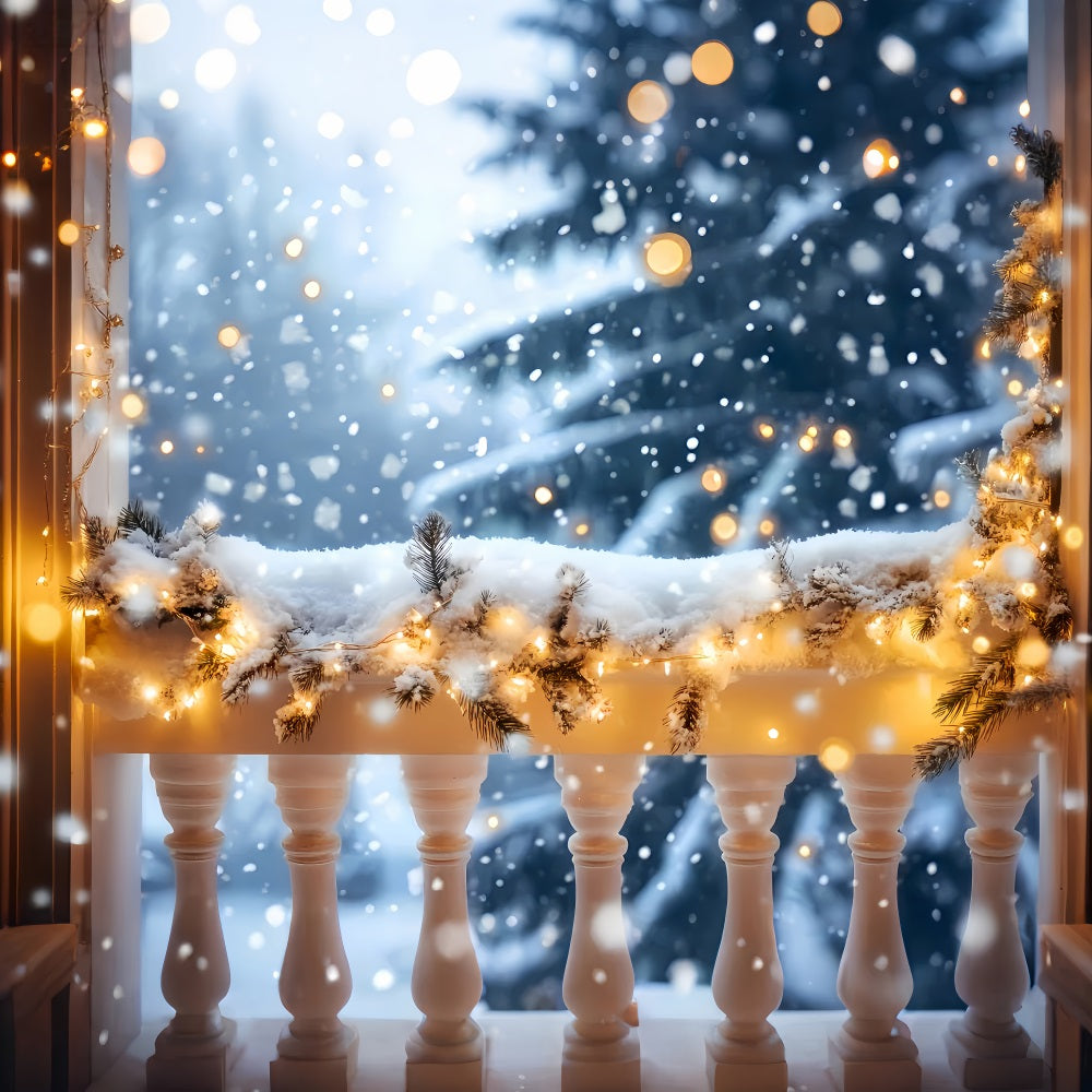 Winter-Schnee-Hintergrund Verschneiter Balkon Goldene Lichter Winter-Hintergründe LXX510-73