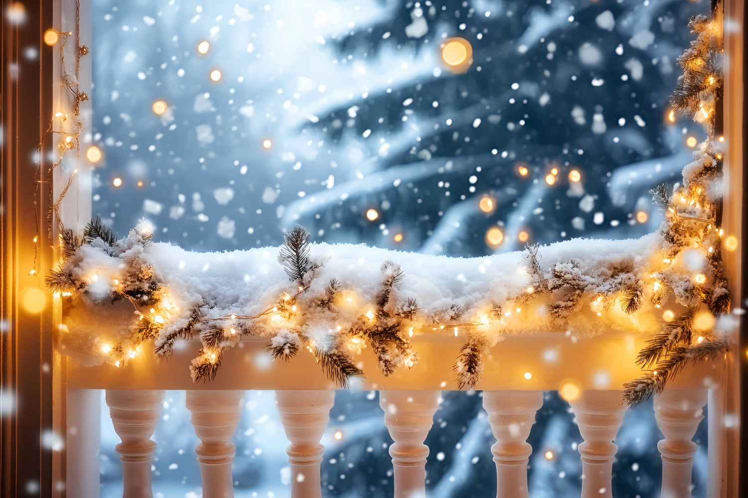 Winter-Schnee-Hintergrund Verschneiter Balkon Goldene Lichter Winter-Hintergründe LXX510-73