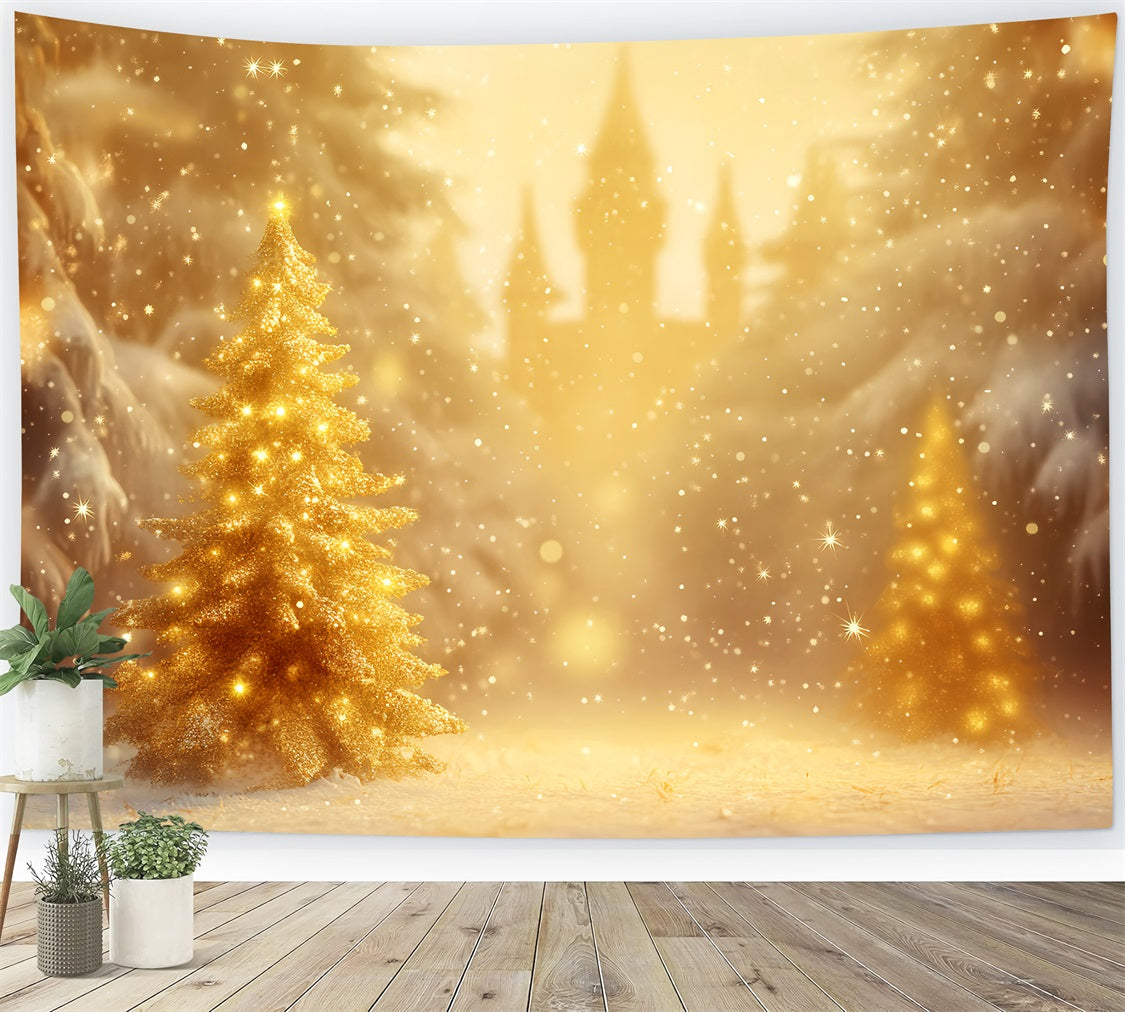Winterwald-Hintergrund Goldener Weihnachtsbaum Glanz Winter-Foto-Hintergründe LXX510-74