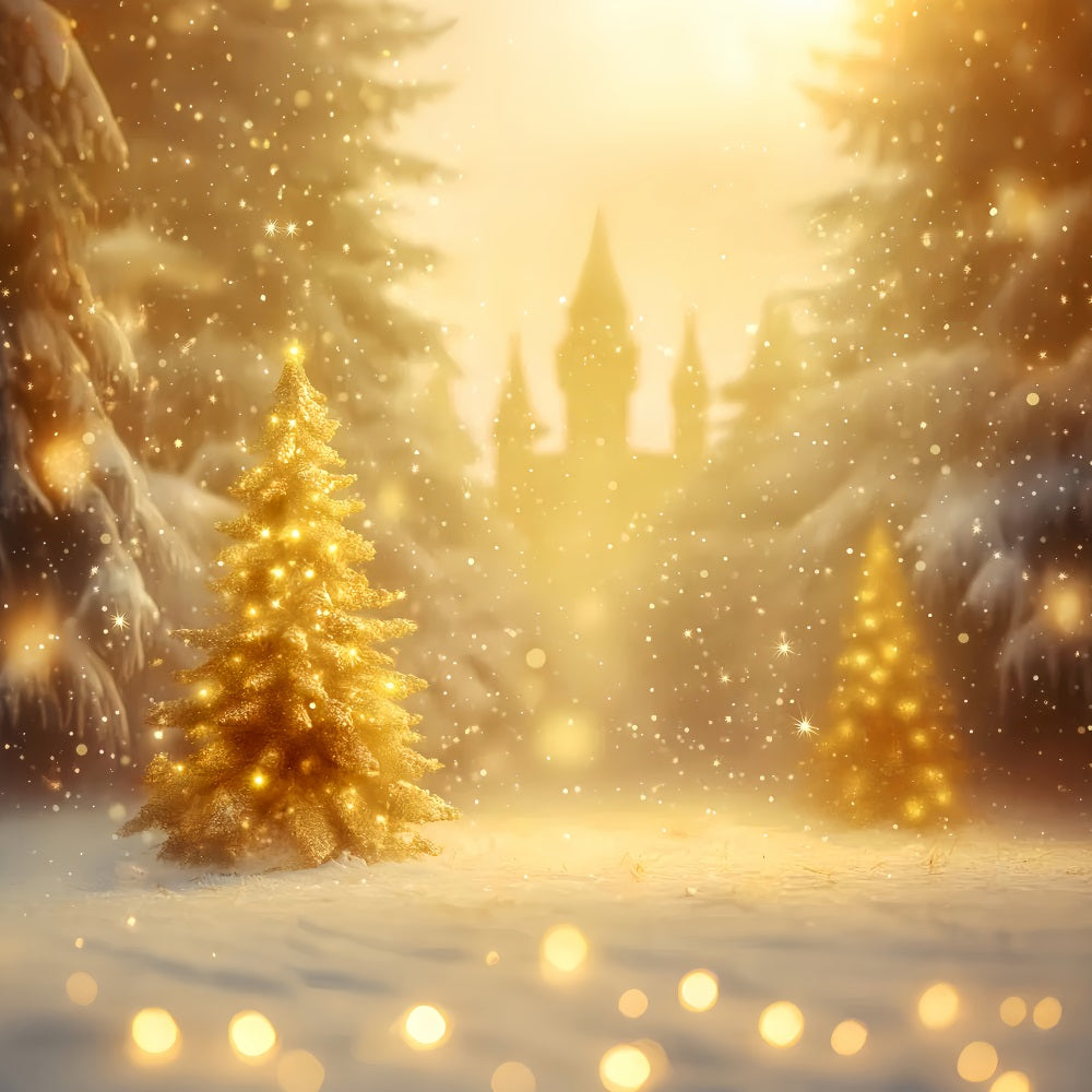Winterwald-Hintergrund Goldener Weihnachtsbaum Glanz Winter-Foto-Hintergründe LXX510-74
