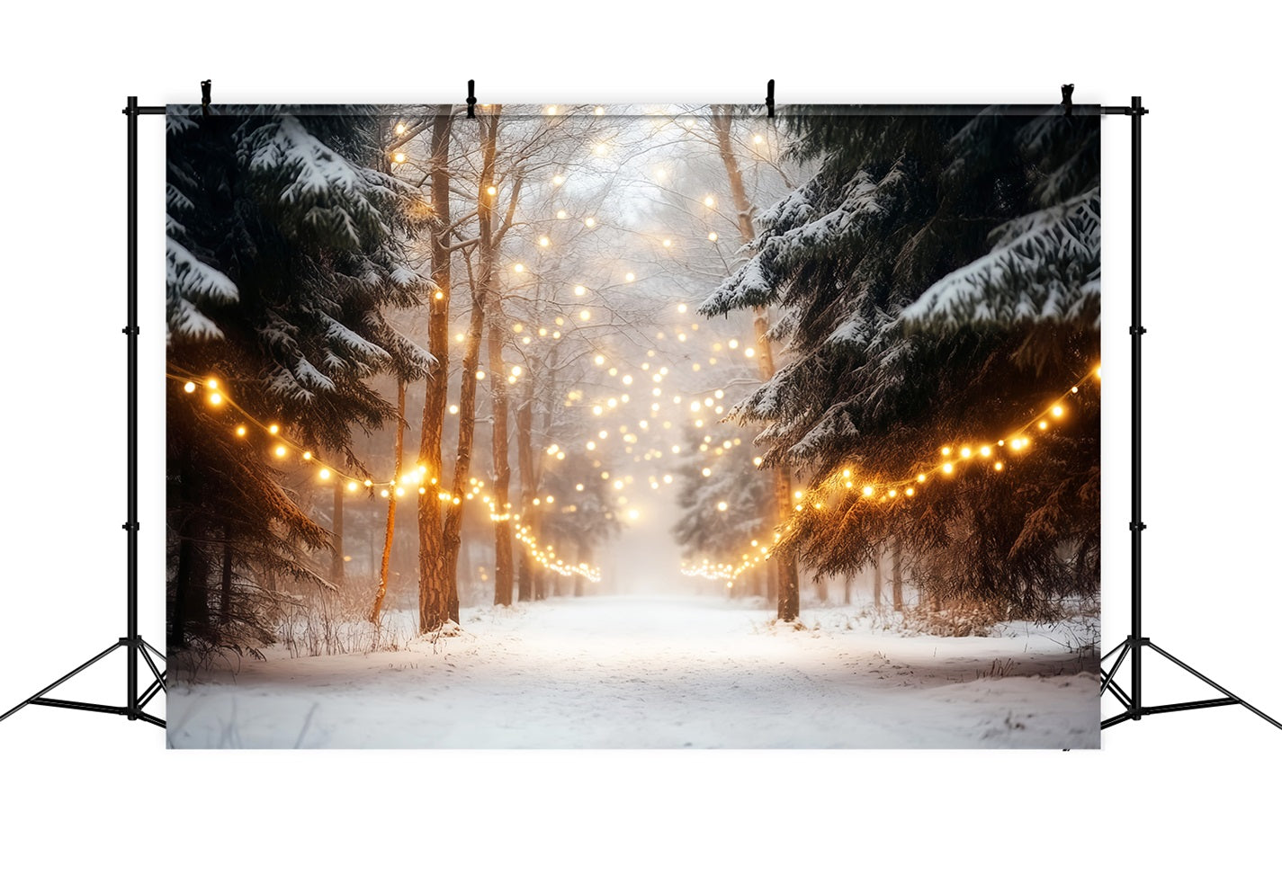 Winterwald-Hintergrund Verschneiter Wald Lichterketten Winter-Foto-Hintergründe LXX510-75