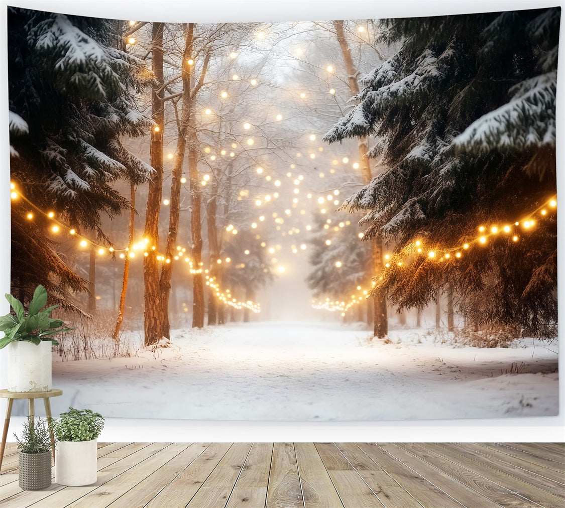 Winterwald-Hintergrund Verschneiter Wald Lichterketten Winter-Foto-Hintergründe LXX510-75