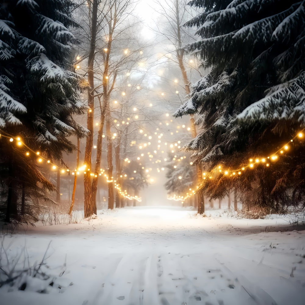 Winterwald-Hintergrund Verschneiter Wald Lichterketten Winter-Foto-Hintergründe LXX510-75