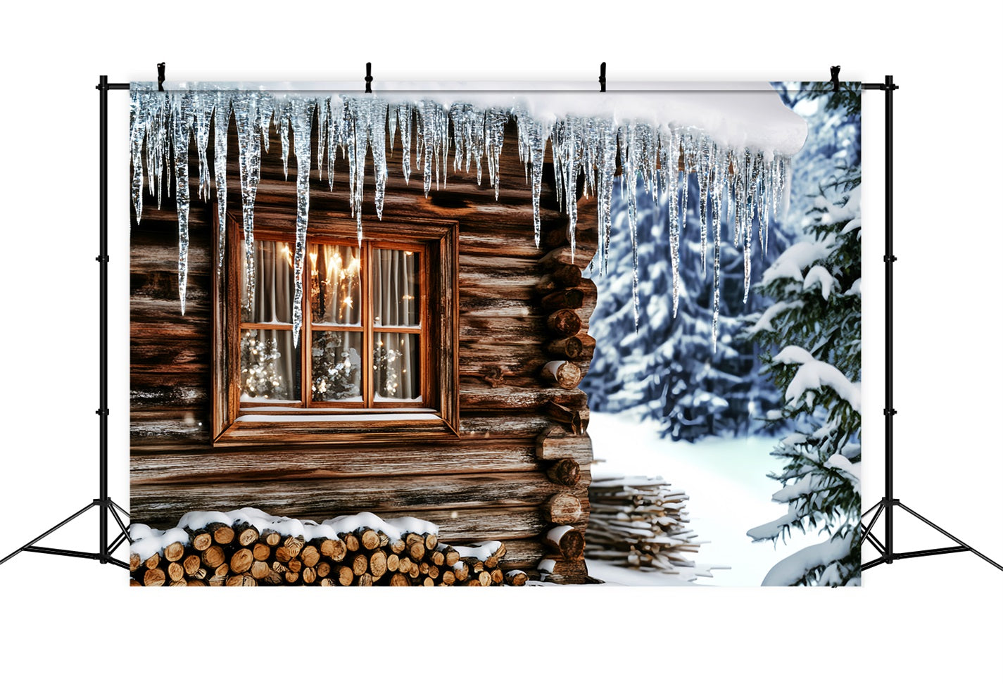 Winter-Fotohintergrund Gemütliche Hütte Eiszapfenfenster Winterhintergrund LXX510-84