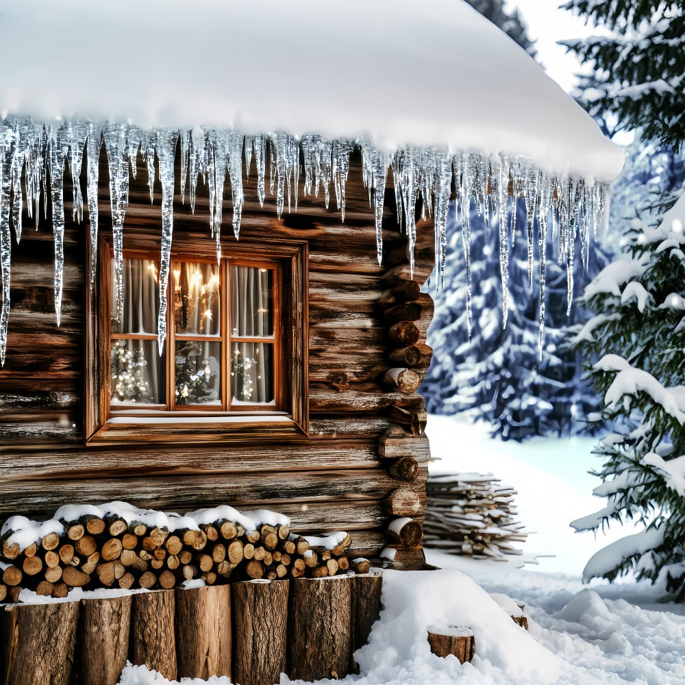 Winter-Fotohintergrund Gemütliche Hütte Eiszapfenfenster Winterhintergrund LXX510-84