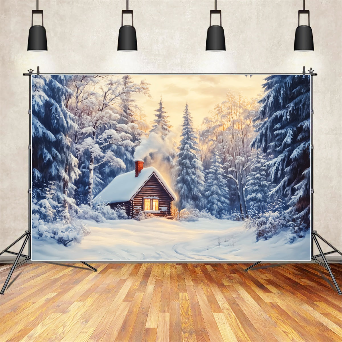 Winterwunderland-Hintergrund Schneehütte Waldglanz Winter-Fotohintergründe LXX510-85