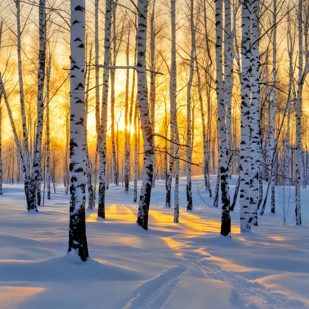 Winterwald-Hintergrund Goldener Sonnenaufgang Birkenwunderland Winter-Hintergrund LXX510-87