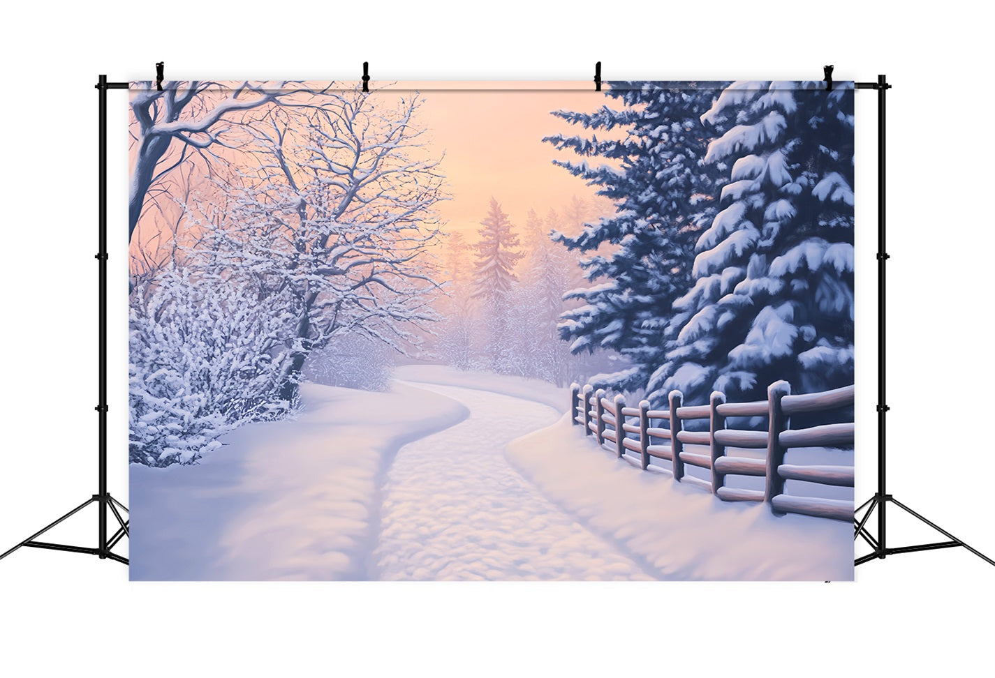Wunderland-Hintergrund Verschneiter Weg Goldene Kiefern Winterhintergrund für Fotografie LXX510-89