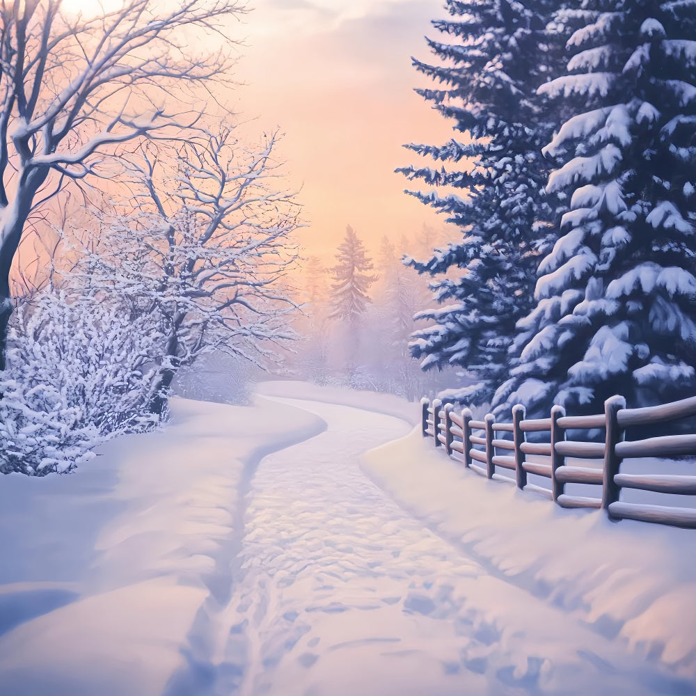 Wunderland-Hintergrund Verschneiter Weg Goldene Kiefern Winterhintergrund für Fotografie LXX510-89