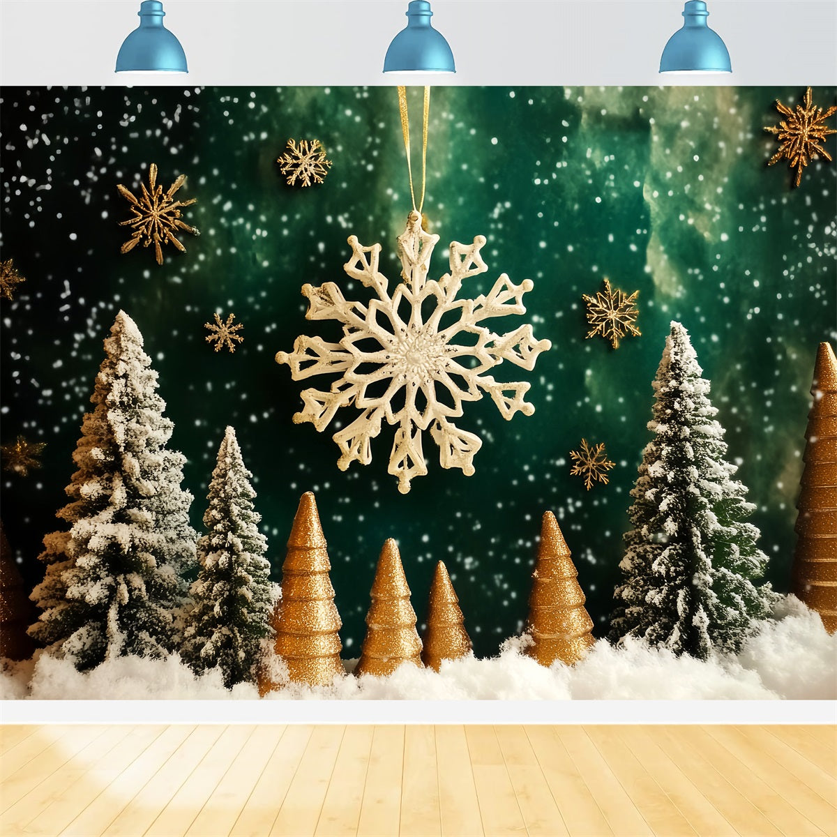 Schneeflocken-Hintergrund Goldener Schneeflockenwald Magische Winterhintergründe LXX510-98