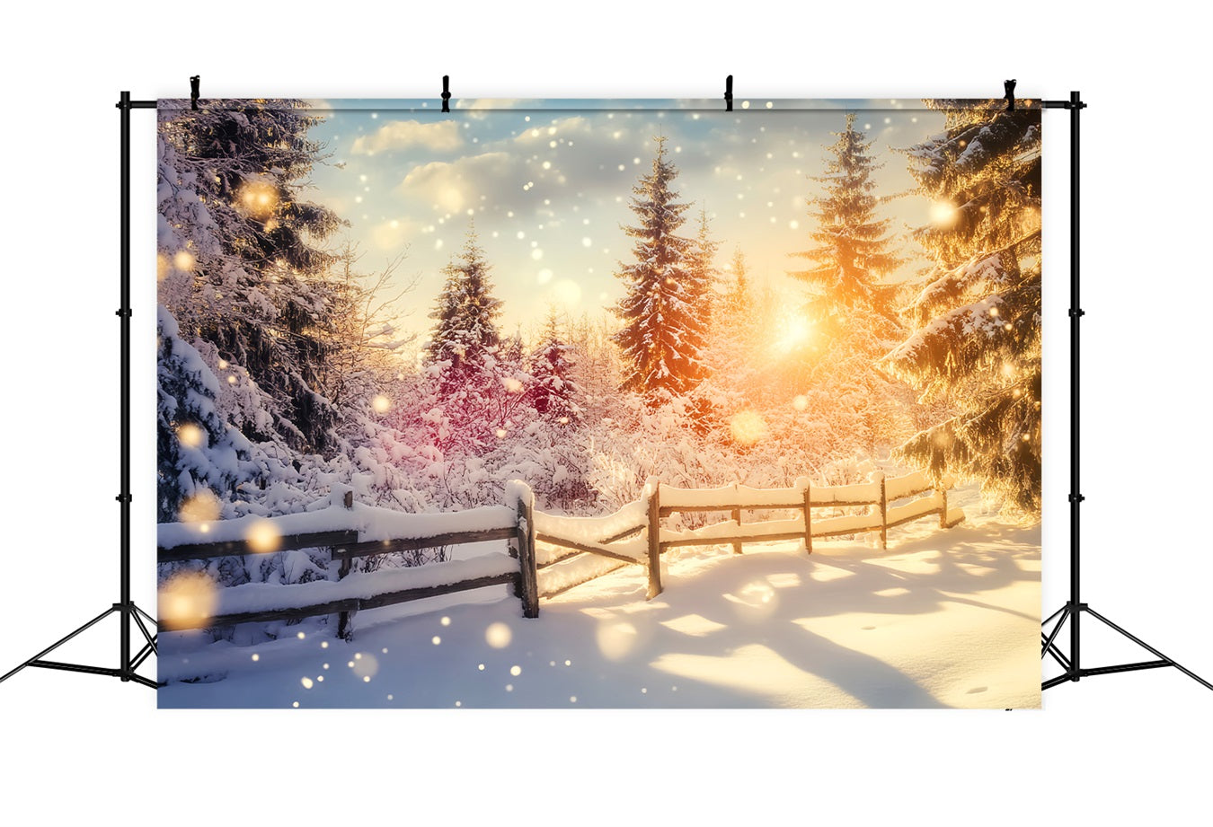 Wunderland-Hintergrund Funkelnder Sonnenuntergang Schneezäune Winterfotografie-Hintergründe LXX510-99