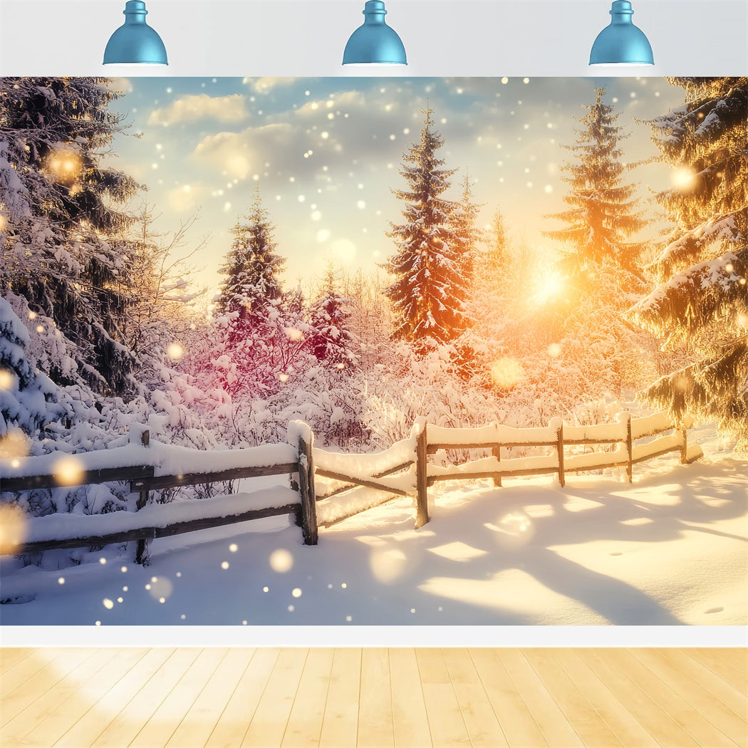 Wunderland-Hintergrund Funkelnder Sonnenuntergang Schneezäune Winterfotografie-Hintergründe LXX510-99