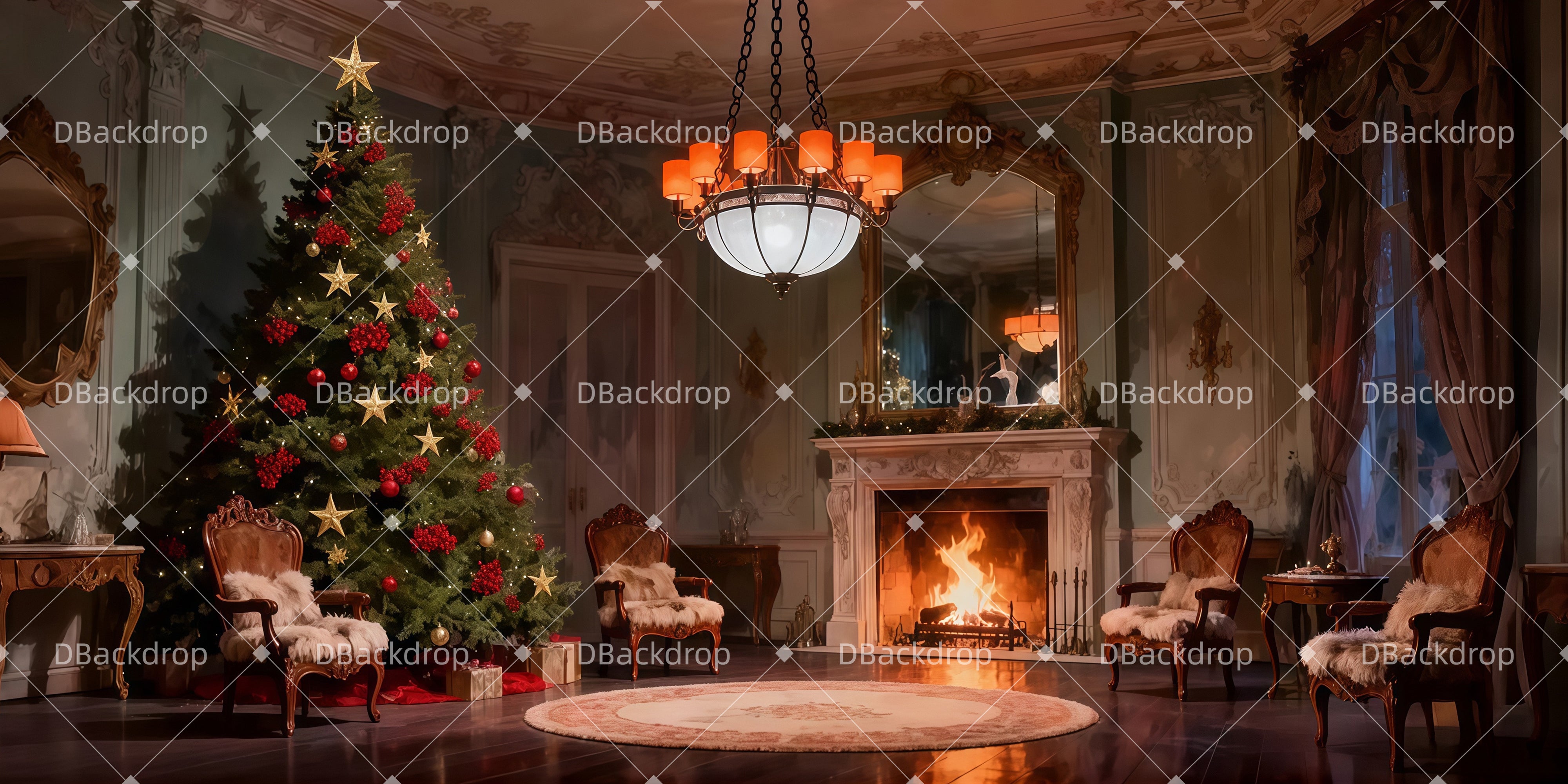 Theatervorhang offen Gemütliches Weihnachtszimmer Bühnenhintergrund beim Theater LXX511-T78