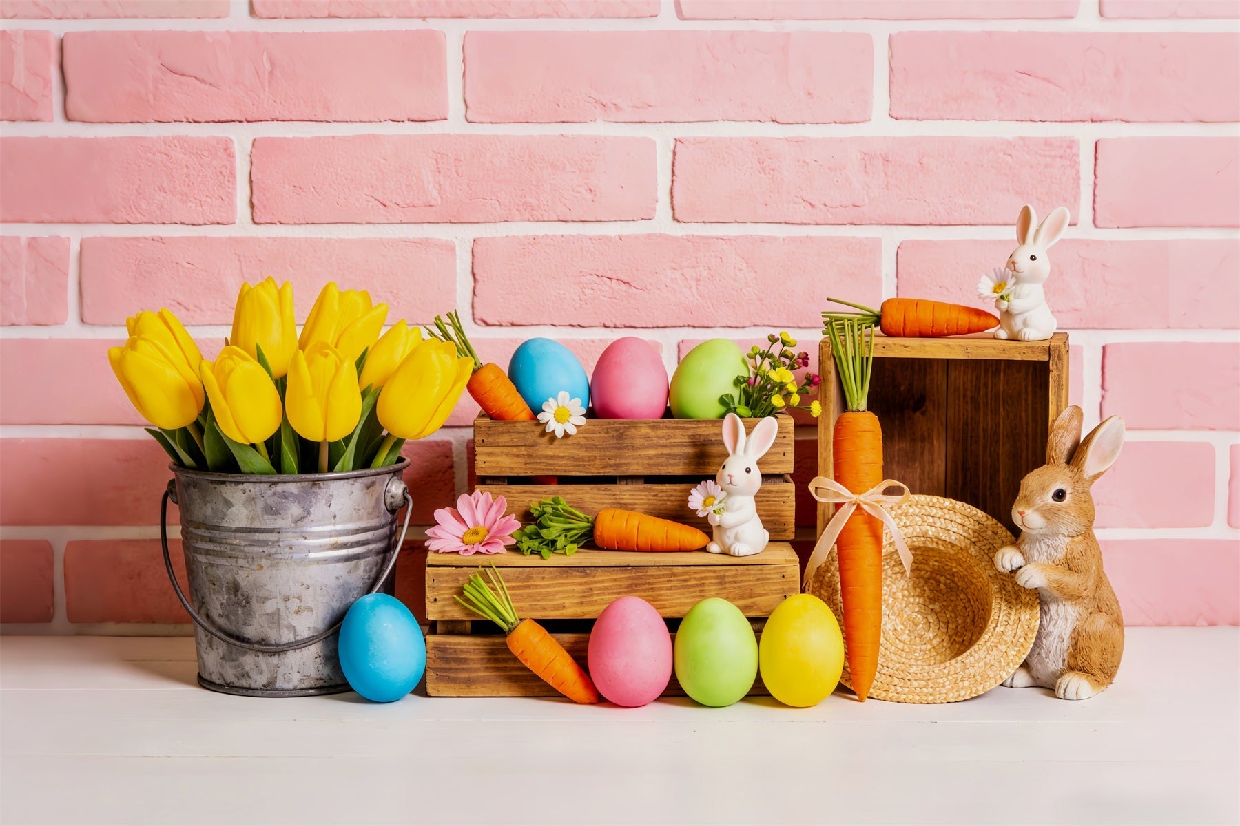 Peter Rabbit Hintergrund Tulpen Eimer Karotten Hase Ostereier Hintergrund LXX512-111