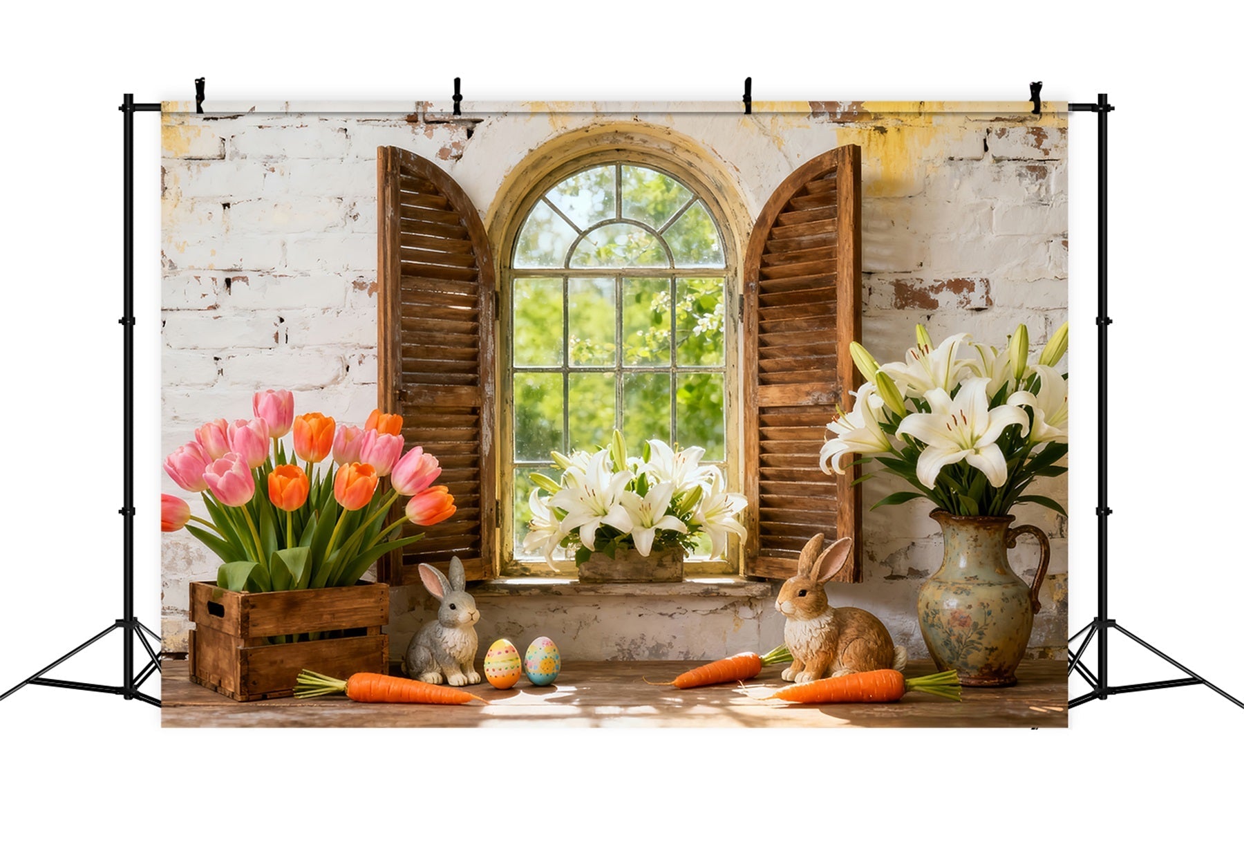 Osterlilie Hintergrund Hase Blumen Fensterläden Rustikaler Osterhintergrund LXX512-112