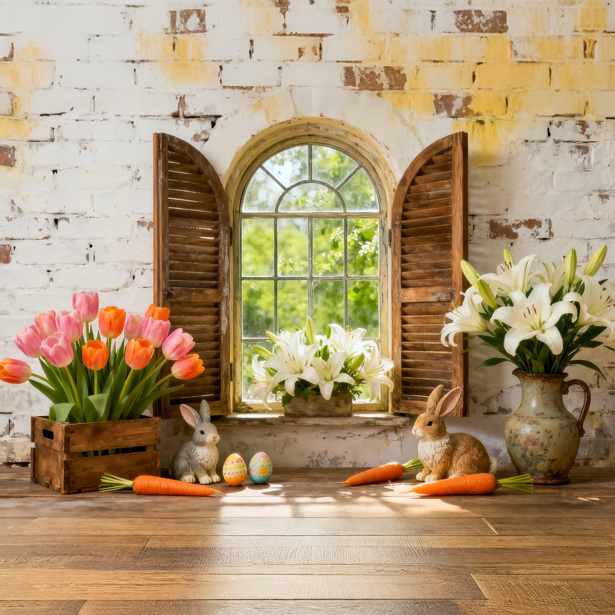 Osterlilie Hintergrund Hase Blumen Fensterläden Rustikaler Osterhintergrund LXX512-112