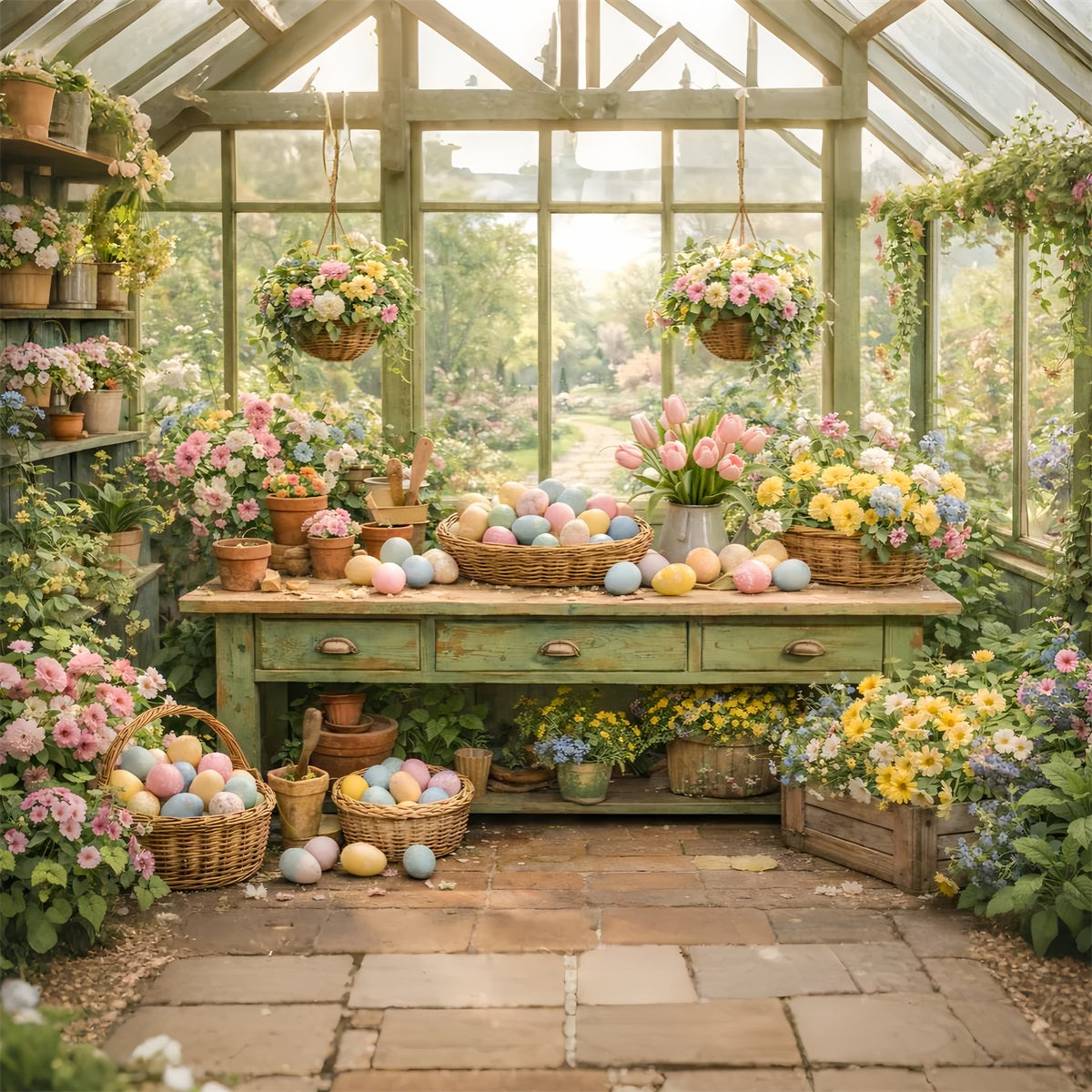 Osterkorb-Hintergrund Gewächshaus Gartentisch Oster-Ei-Hintergrund LXX512-115