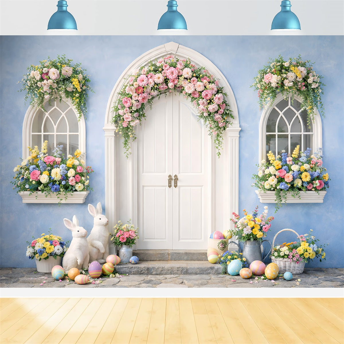 Ostern Foto Hintergrund Blauer Bogen Blumen Hase Tür Ostern Eier Hintergrund LXX512-129