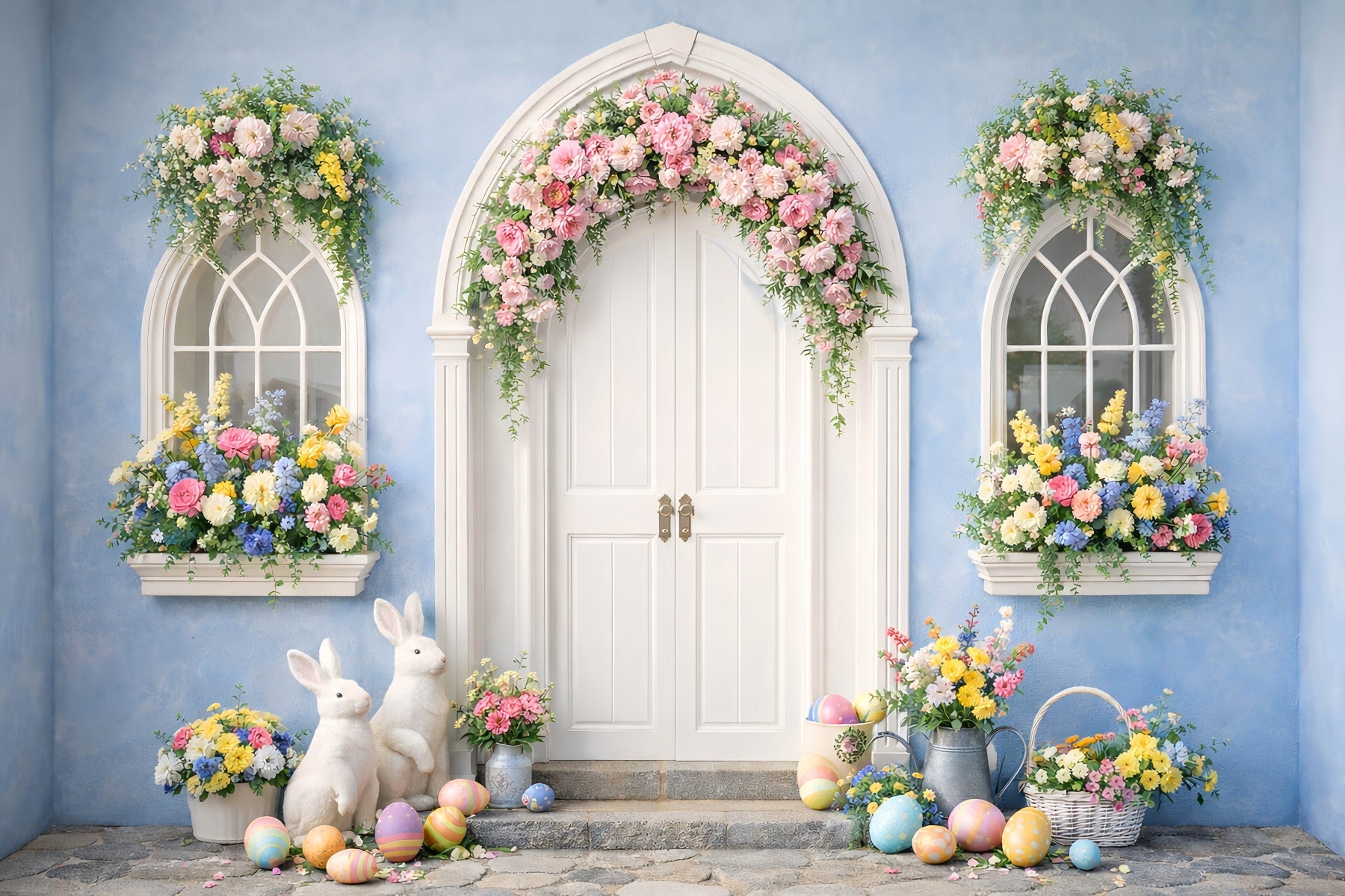 Ostern Foto Hintergrund Blauer Bogen Blumen Hase Tür Ostern Eier Hintergrund LXX512-129
