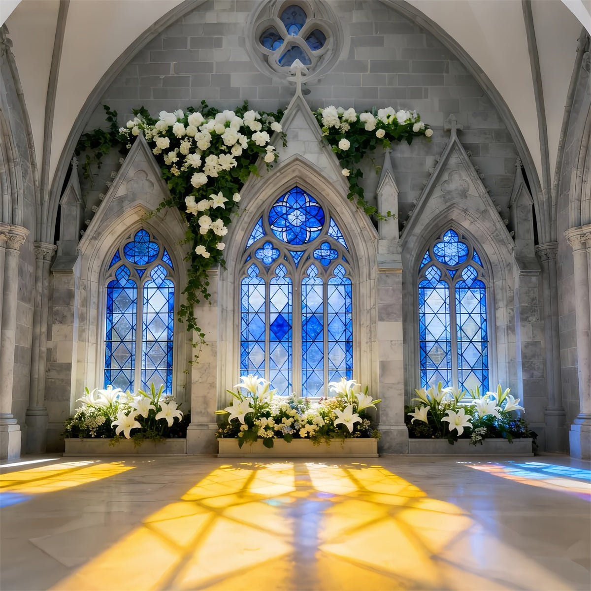 Kirche Osterhintergrund Gotisches blaues Fenster Lilie Licht Buntglas-Hintergrund LXX512-137