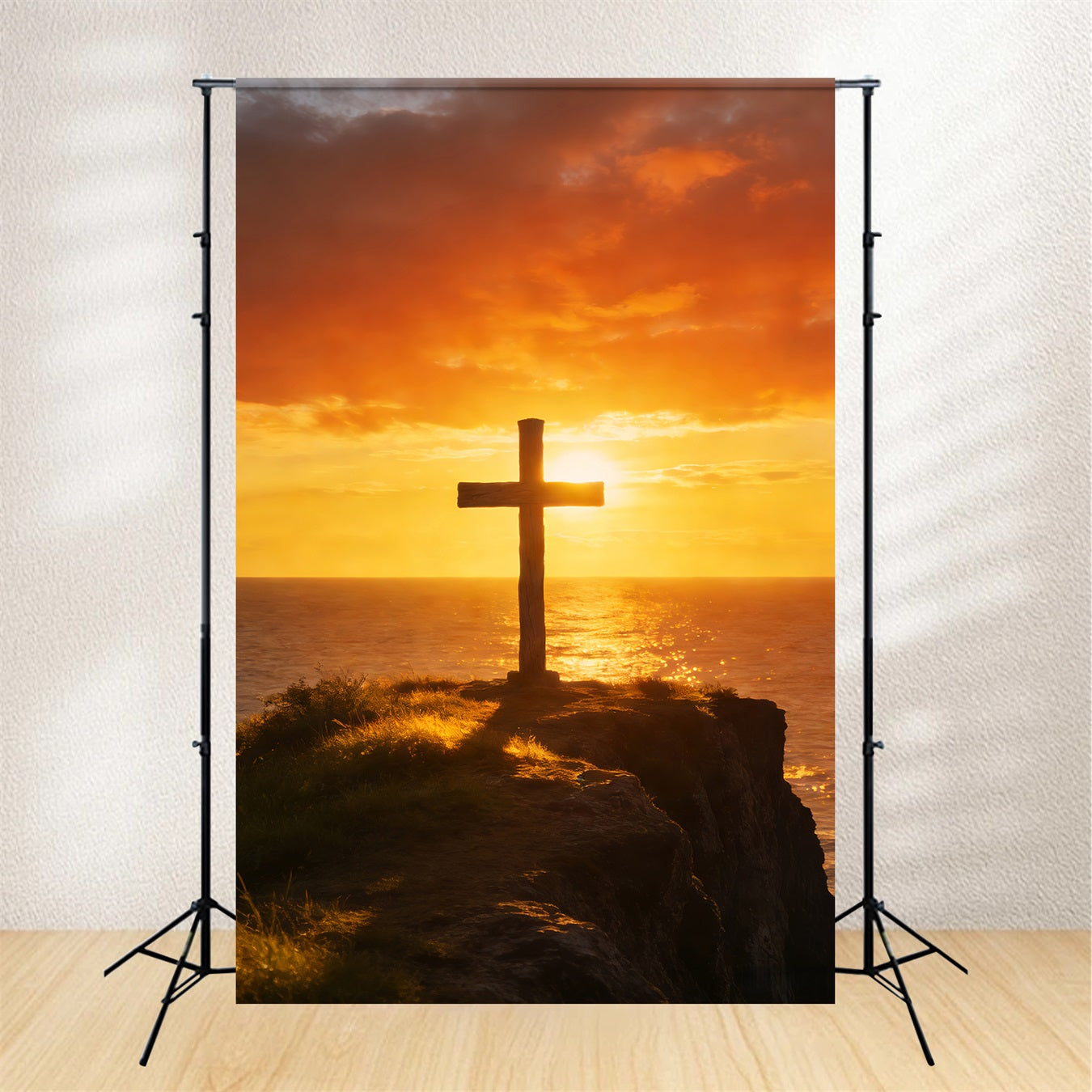 Kreuz-Hintergrund Ozean Horizont Sonnenuntergang Glühen Oster-Hintergründe für die Kirche LXX512-139