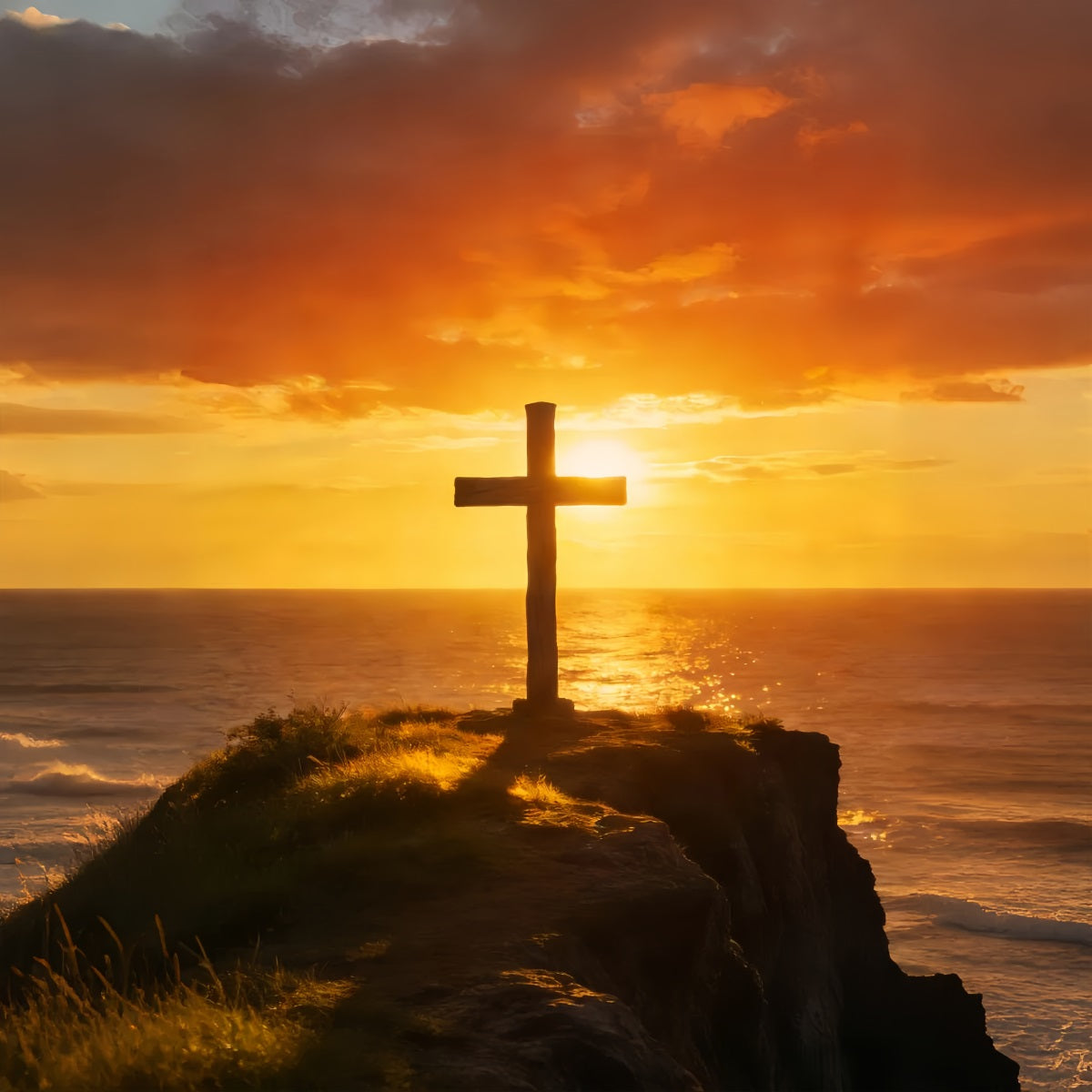 Kreuz-Hintergrund Ozean Horizont Sonnenuntergang Glühen Oster-Hintergründe für die Kirche LXX512-139