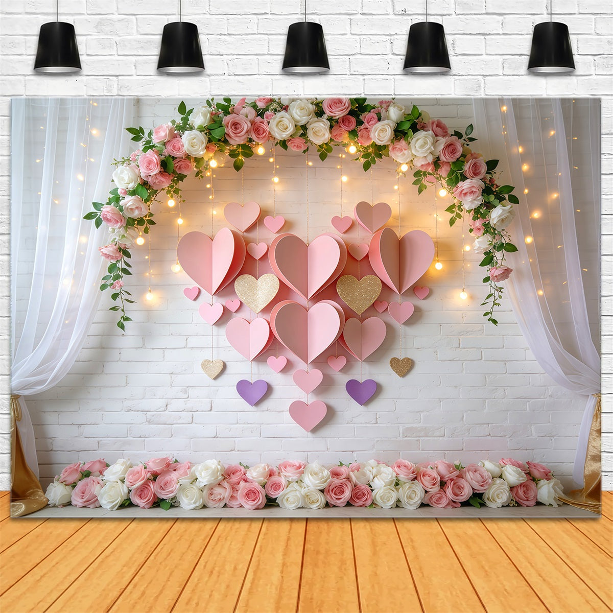 Valentinstag-Hintergrund Blush Blumenbogen Lichter Liebeshintergründe LXX512-144