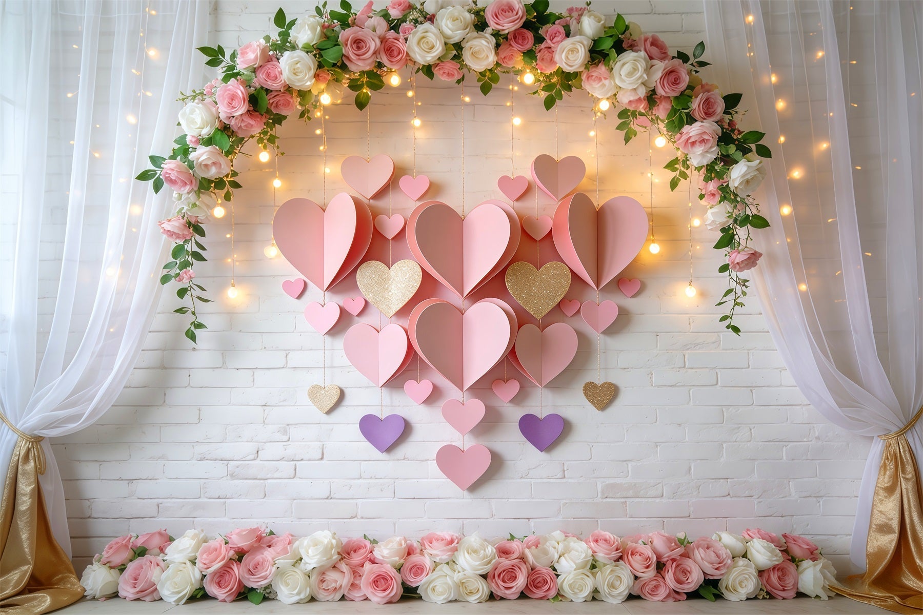 Valentinstag-Hintergrund Blush Blumenbogen Lichter Liebeshintergründe LXX512-144