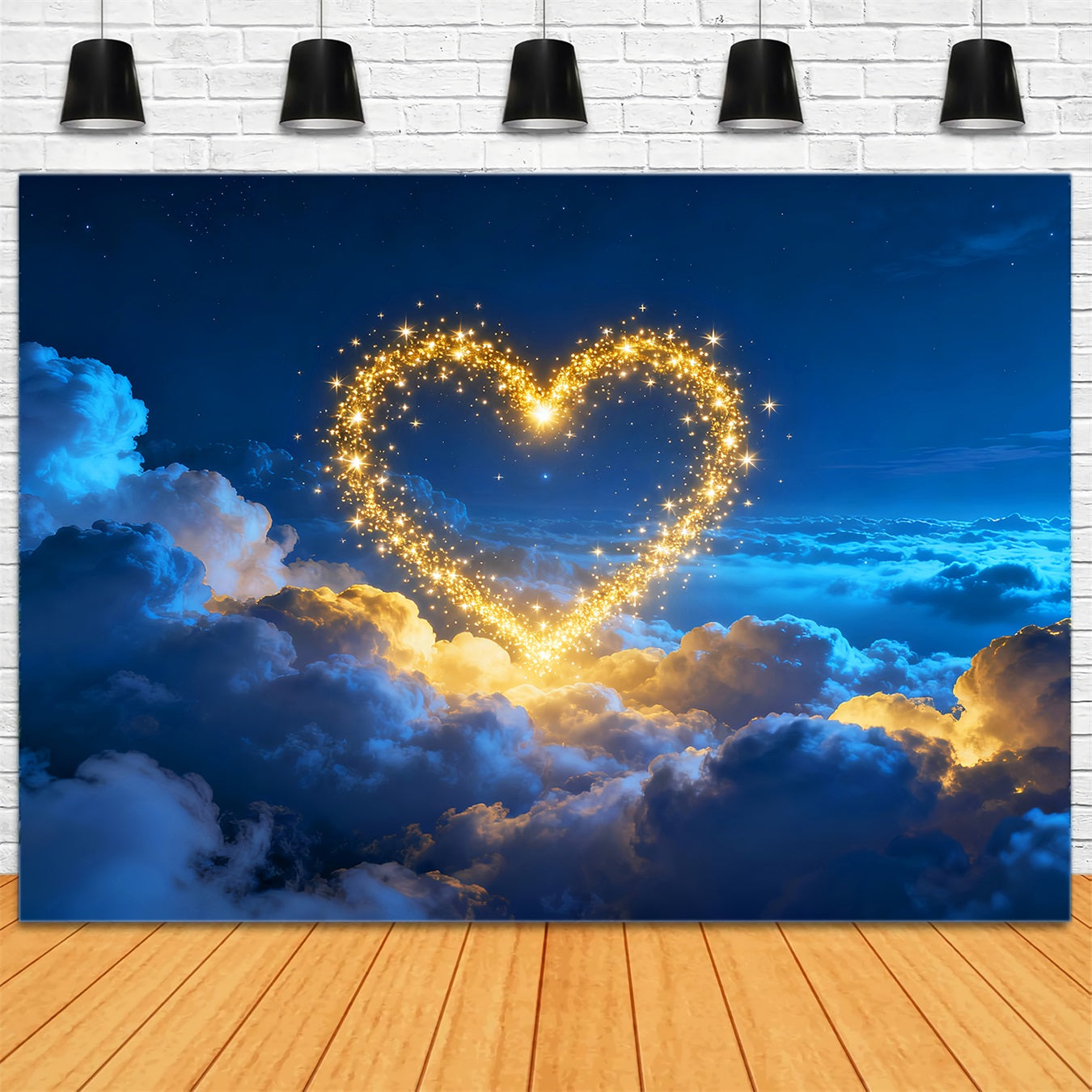 Glitzernder Valentinstag-Hintergrund Goldene funkelnde Herzen Wolken Liebeshintergründe LXX512-148