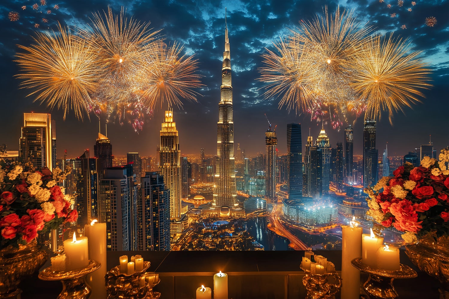 Frohes Neues Jahr-Hintergrund Luxuriöse Stadt-Skyline Feuerwerk Stadtnacht-Hintergrund LXX512-14