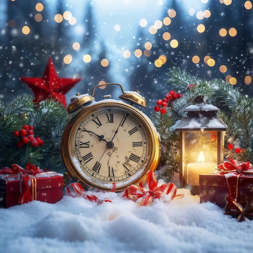 Neujahrshintergründe Verschneiter Countdown Schimmernder Bokeh-Uhr-Fotohintergrund LXX512-15