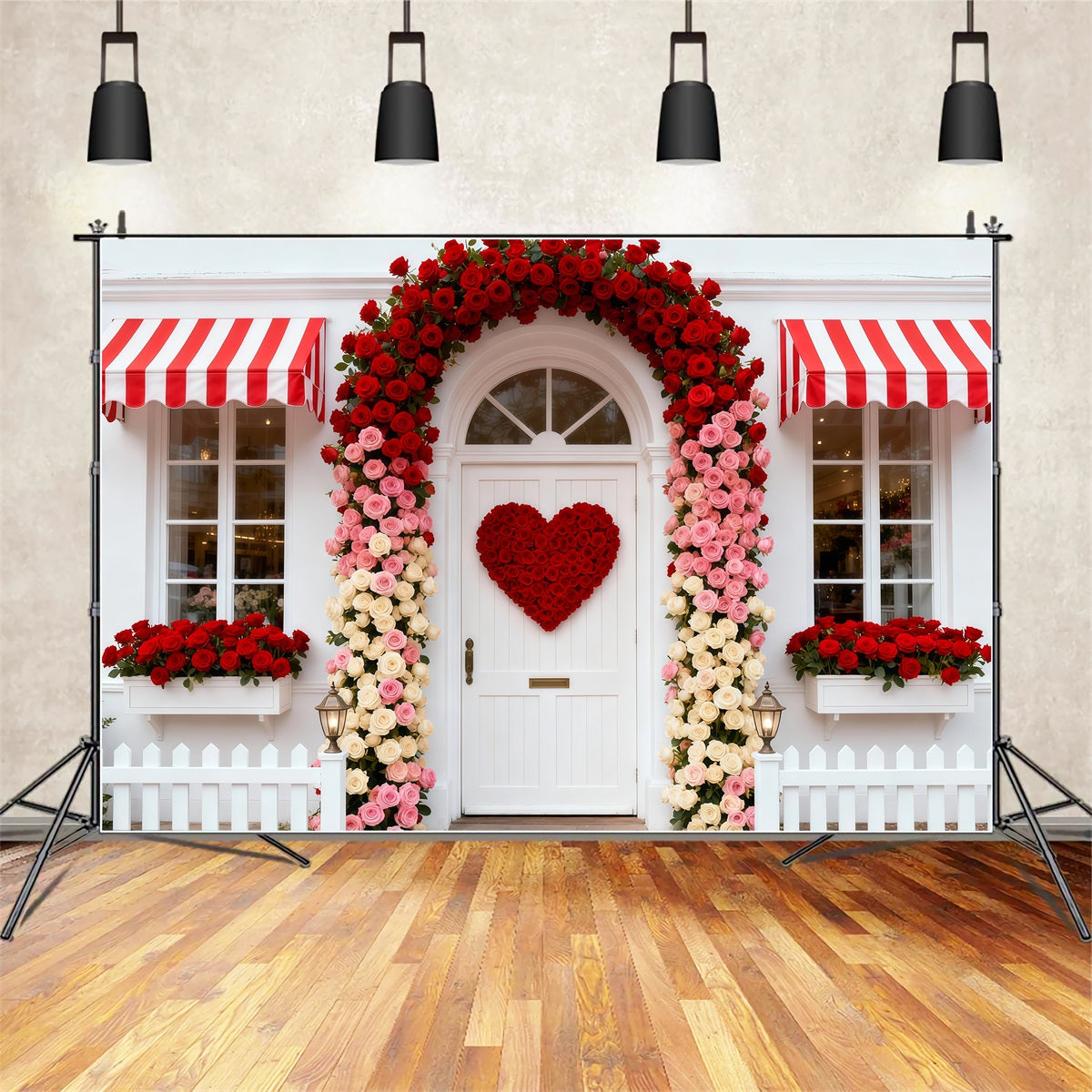 Ideen für Valentinstag-Hintergründe Rosen-Cottage Eingang Blumenbogen Valentinstag-Hintergrund LXX512-164