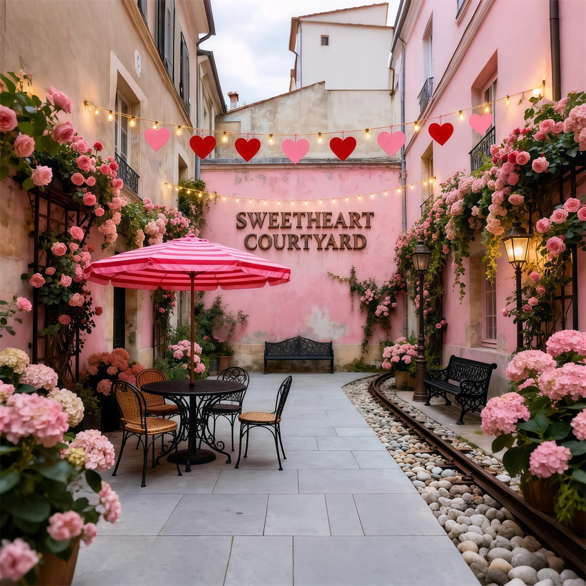 Kranz Valentinstag-Hintergrund Sweetheart Pink Innenhof Café Romantischer Hintergrund LXX512-167