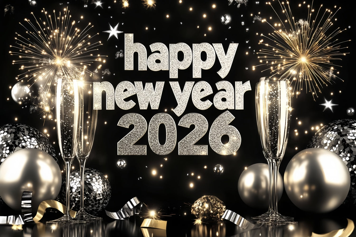 Neujahrshintergrund 2026 Silber Champagner Feuerwerk Frohes Neues Jahr Hintergrund LXX512-19