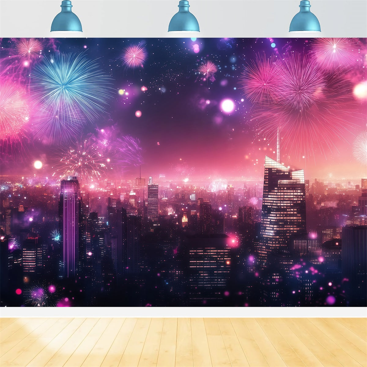 Neujahrs-Hintergründe Rosa Feuerwerk Stadtglanz Stadtbild Foto-Hintergrund LXX512-25