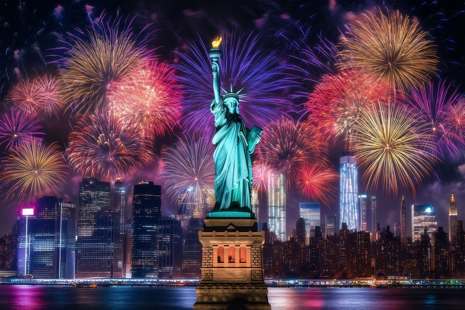 Frohes Neues Jahr-Hintergrund Freiheitsstatue Nacht Stadtlandschaft Feuerwerk-Hintergrund LXX512-4
