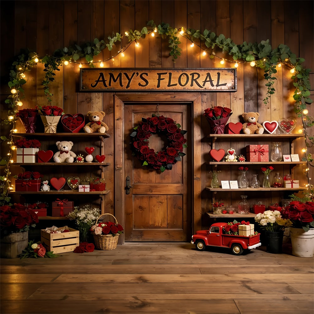 Teddybären Valentinstag-Hintergrund Rustikaler Blumenladen Romantischer Hintergrund LXX512-57