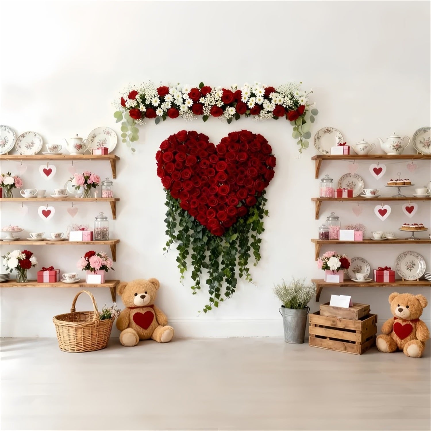 Valentinstag-Hintergrund Teddybären Teeschrank Rote Rosen Herz-Hintergrund LXX512-58