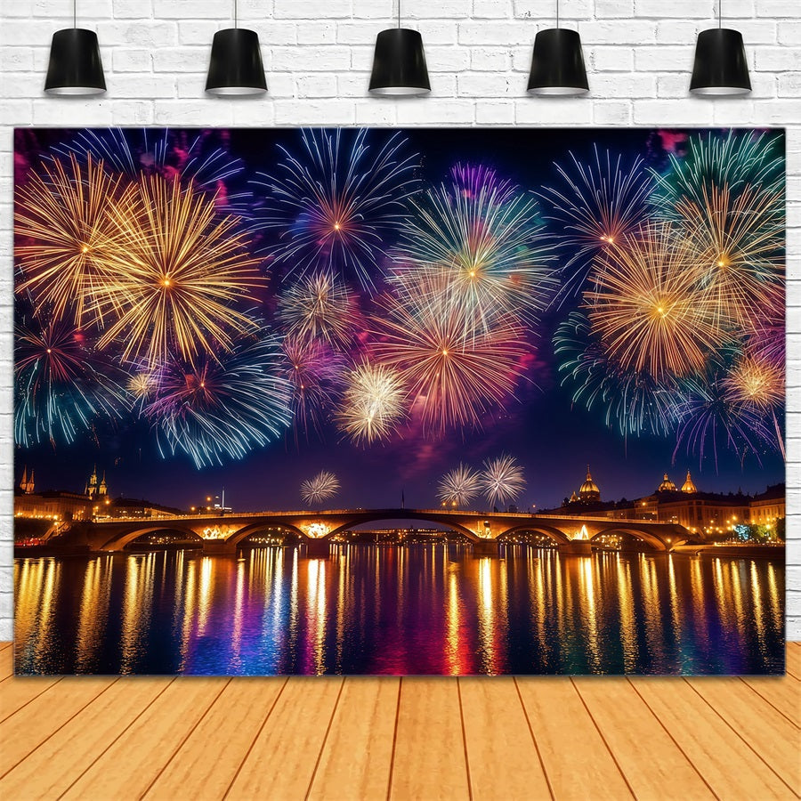 Neujahrs-Hintergründe Stadt Nacht Flussreflexion Feuerwerk Foto-Hintergrund LXX512-6