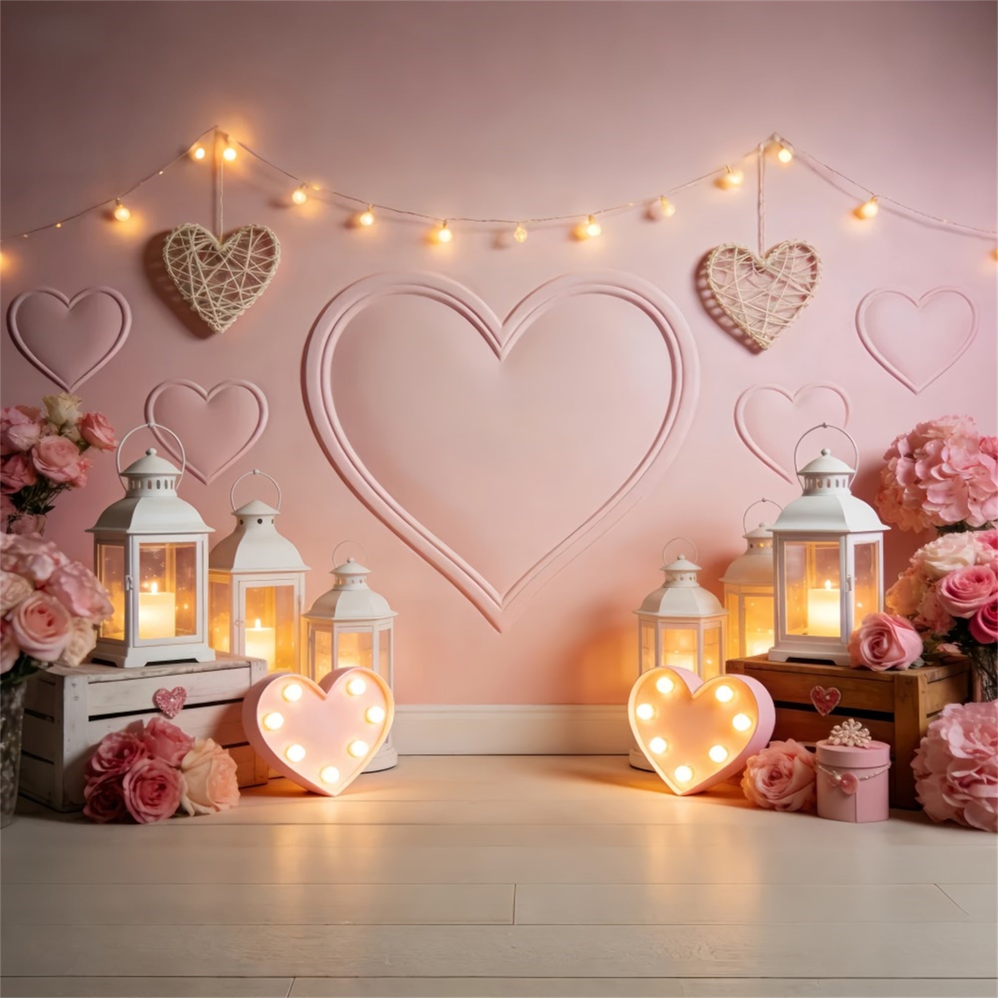 Herz-Hintergrund Laternenlicht Kerzenlicht Zimmer Rosa Valentinstag-Hintergrund LXX512-65