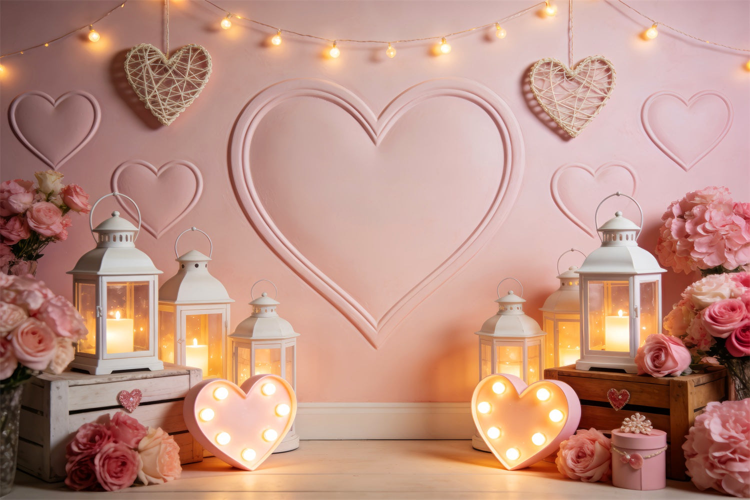 Herz-Hintergrund Laternenlicht Kerzenlicht Zimmer Rosa Valentinstag-Hintergrund LXX512-65